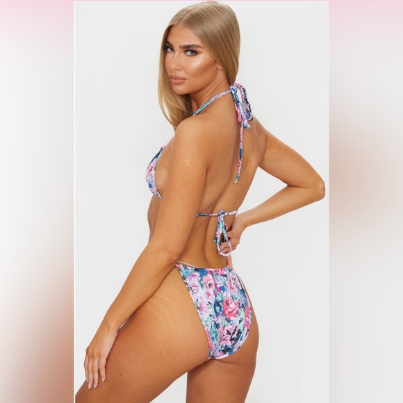 PrettyLittleThing Multi Floral Halterneck Mini Ruched Triangle Bikini - Picture 7 of 8